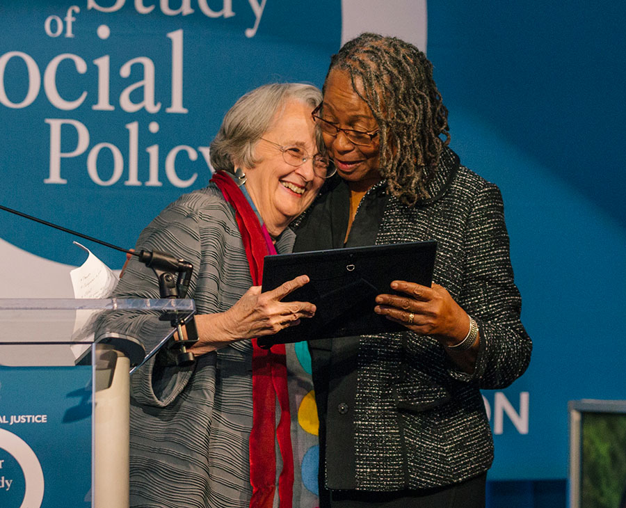 MaryLee Allen accepting award from Carol Wilson Spigner at CSSP's 40th in 2018.