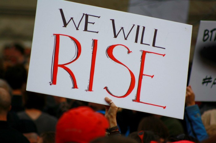 "We Will Rise" sign at a rally.