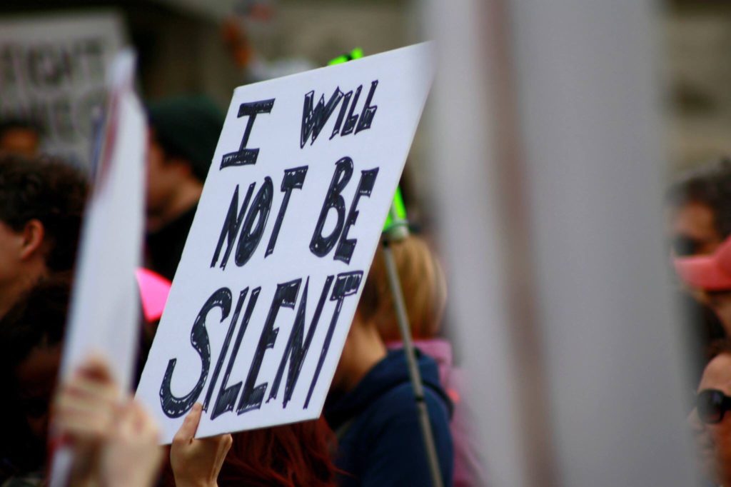 Protest rally sign "I will not be silent."
