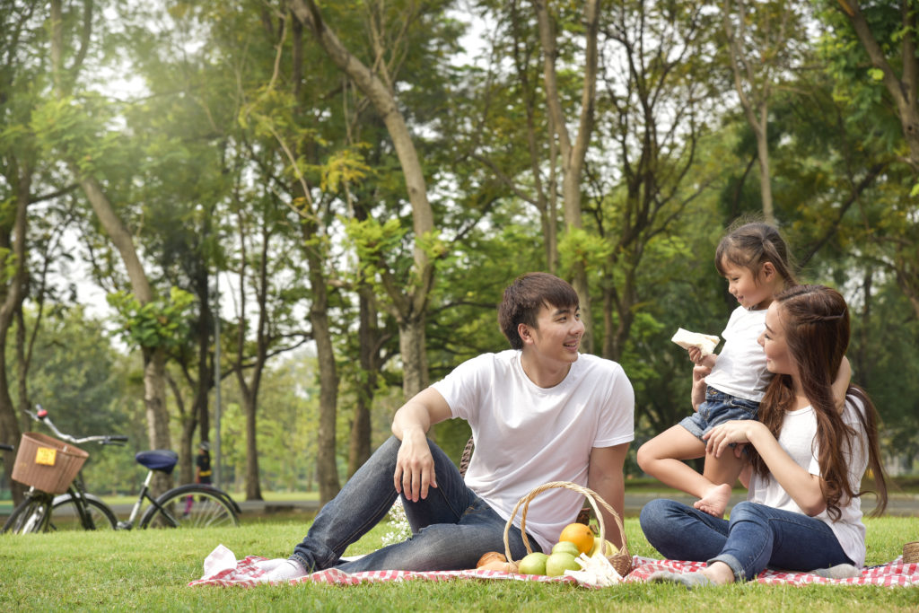 Family sitting in the park having a picnic.