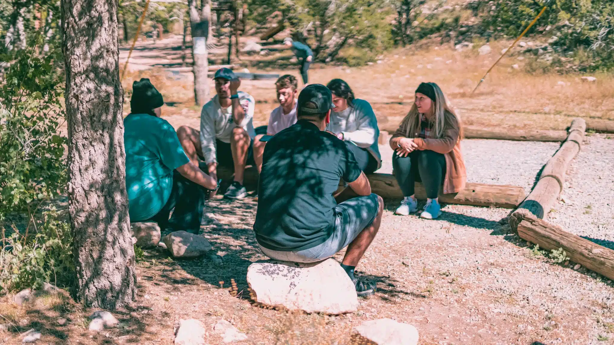 a group of people sitting under a tree