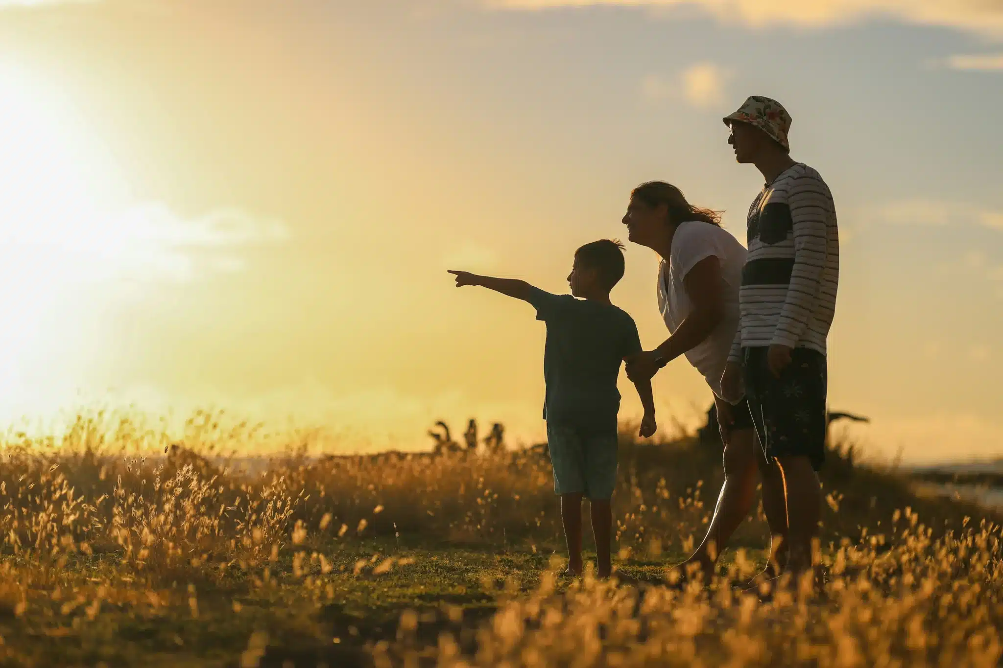 A family looks out into the sunset